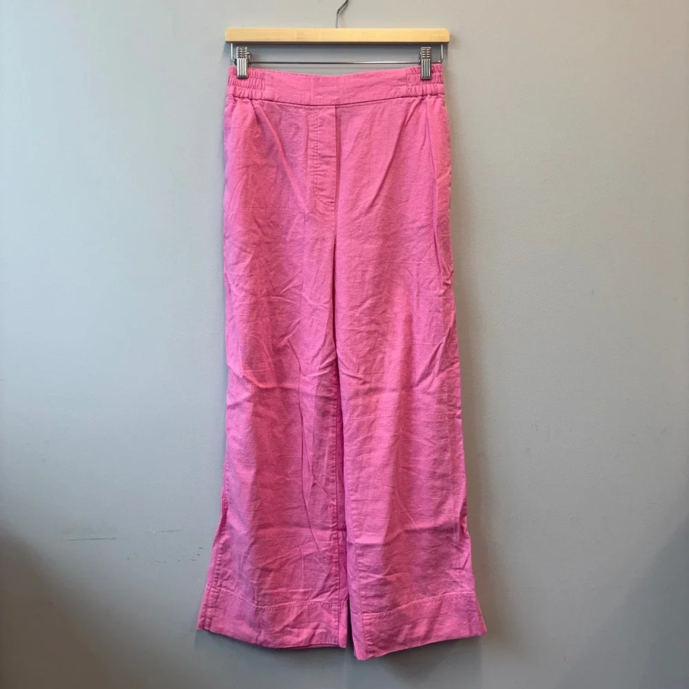 Zara Pink Linen Blend Wide Leg High Rise Elastic Waist Trousers Pants medium